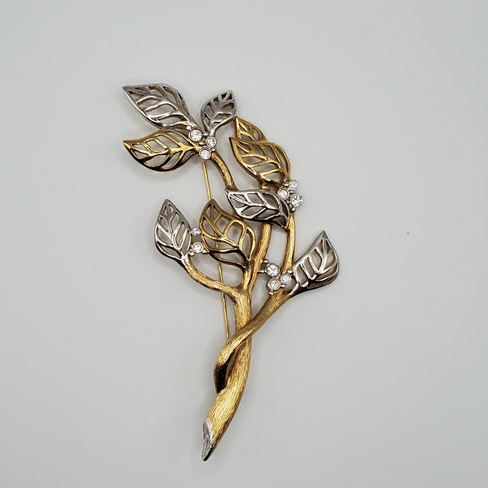 MCM Grossé Brooch Pin. Marked. Gold And Silver Tone Leaves. Rhinestones. Vintage